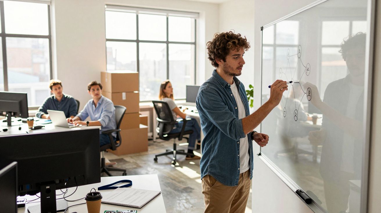 Hombre explicando en una pizarra en una oficina, con cuatro personas trabajando en sus ordenadores en el fondo.