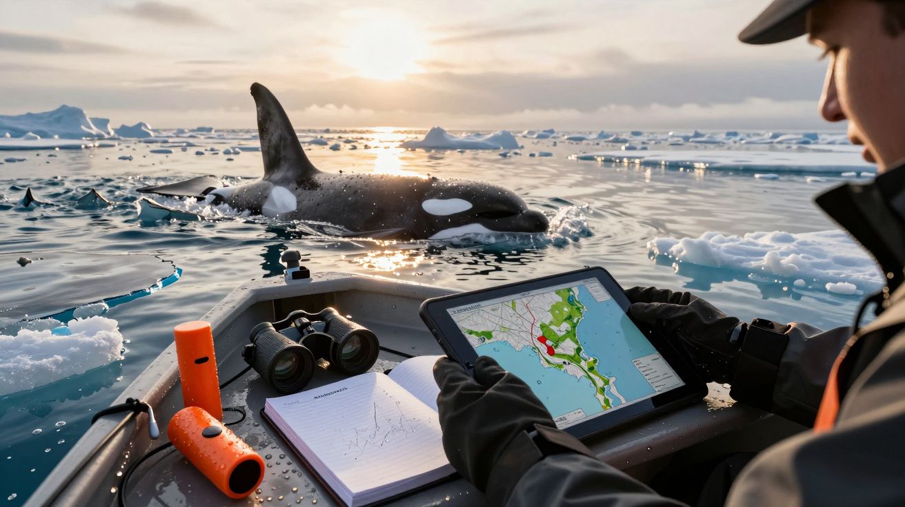 Persona en bote observando una orca en el mar ártico, usando una tableta con mapa y notas científicas bajo el sol poniente.