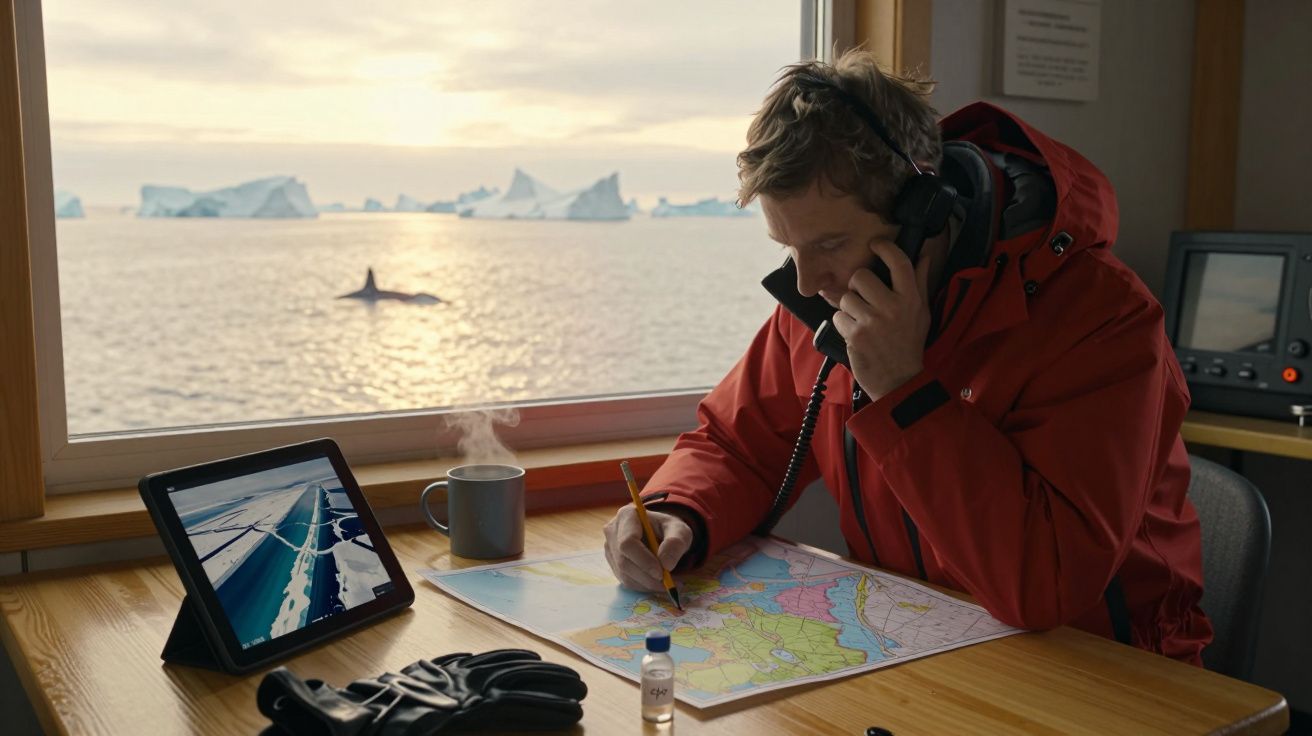 Hombre en anorak rojo habla por teléfono frente al mar, con mapas en la mesa y una ballena nadando en el agua.