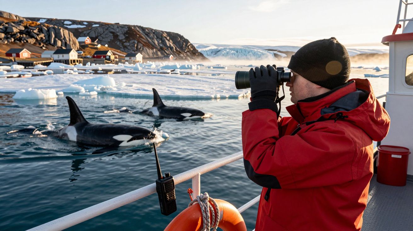 Persona observa a dos orcas en el mar desde un barco, rodeado de hielo, con casetas y montañas al fondo.