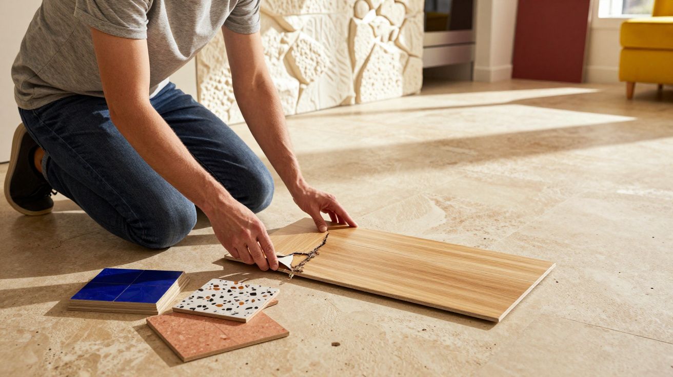 Persona eligiendo entre diferentes muestras de suelos en una habitación luminosa.