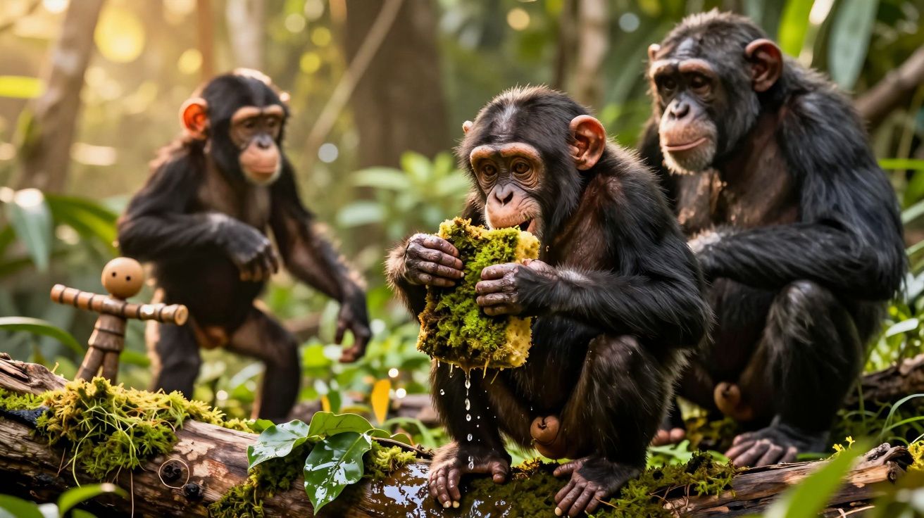 Tres chimpancés en la selva, uno sosteniendo musgo húmedo en un tronco cubierto de hojas y musgo verde.