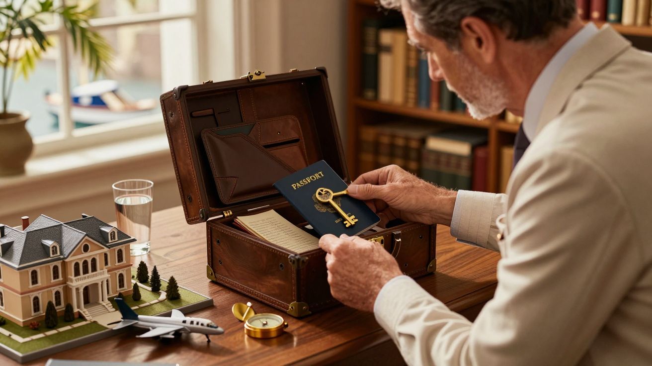 Hombre revisa pasaporte con llave en mano, junto a una maqueta de casa y avión sobre la mesa.