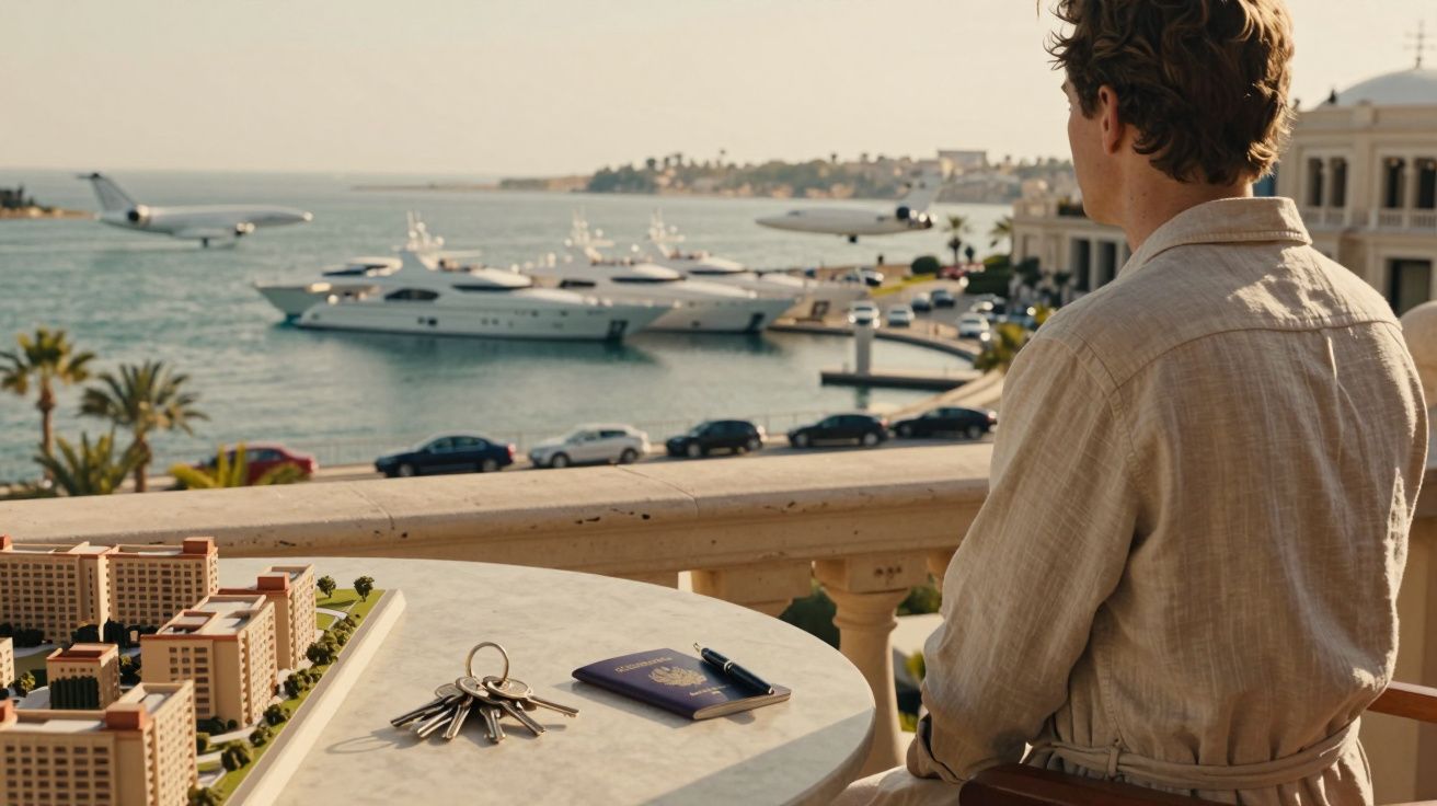 Hombre sentado en terraza frente al puerto con yates y aviones. Mesa con maqueta, llaves y pasaporte.