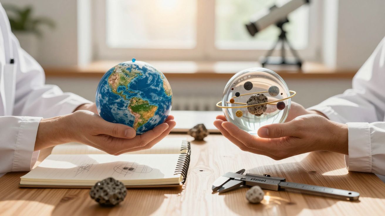 Dos personas sostienen modelos de la Tierra y sistema solar sobre una mesa con instrumentos científicos.