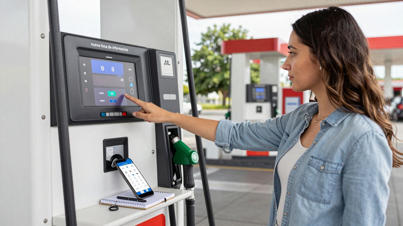 Mujer usando una pantalla táctil en una gasolinera, con un teléfono móvil sobre la superficie de la bomba de combustible.