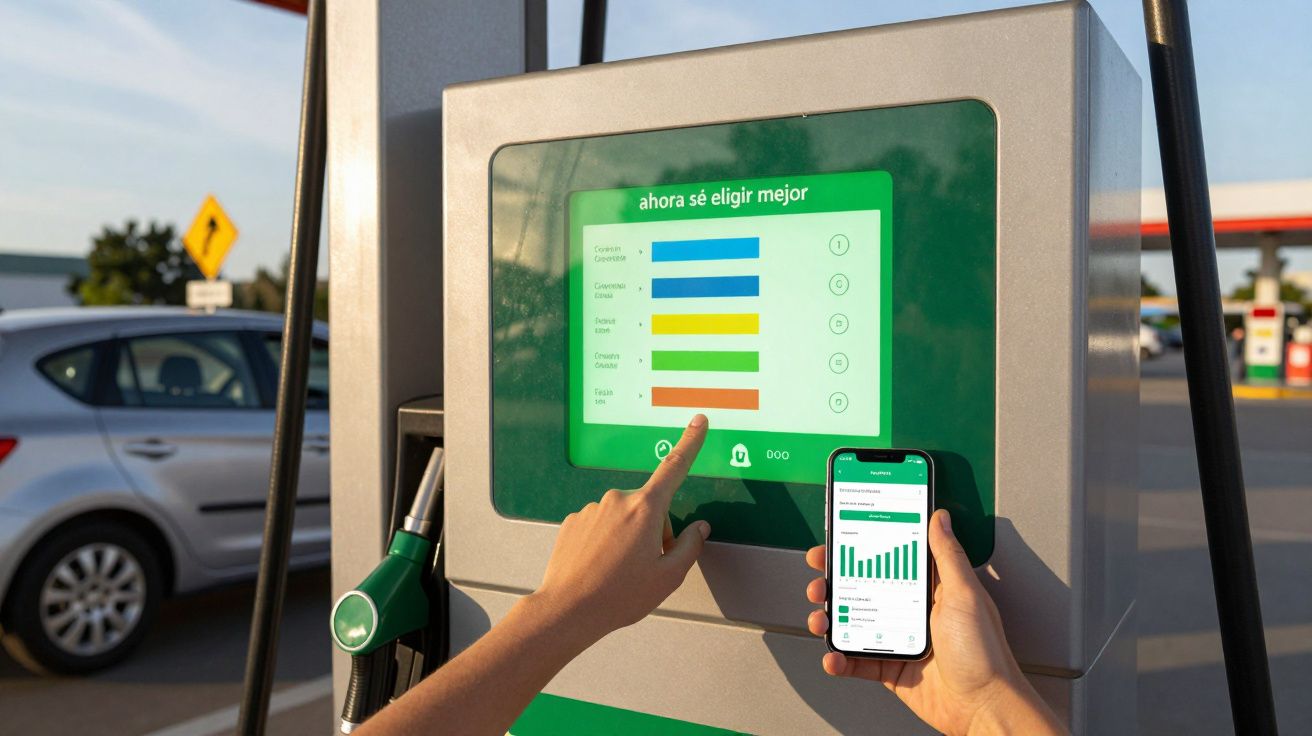 Persona usando pantalla y móvil en una gasolinera, mostrando gráficos y opciones de combustible.