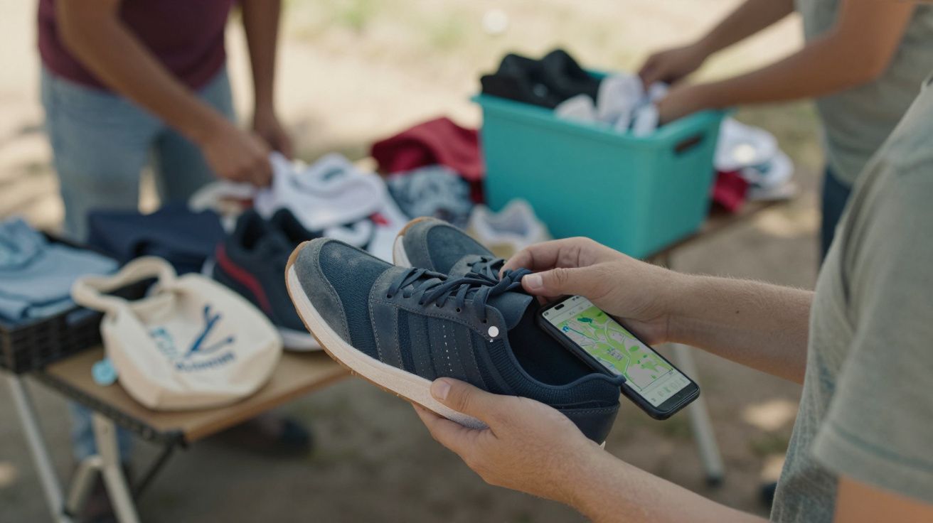 Persona sosteniendo zapatillas deportivas junto a una mesa con ropa; usa un móvil que muestra un mapa.