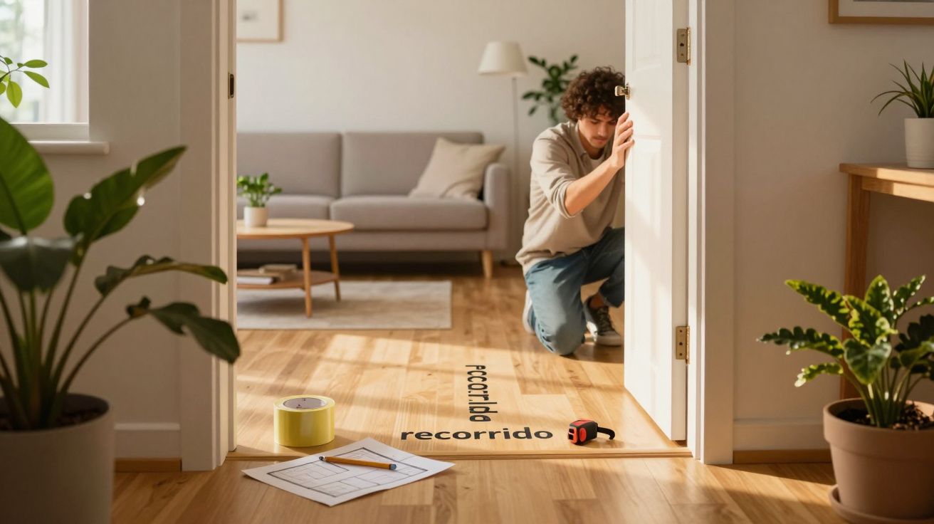 Hombre mide con cinta métrica en salón iluminado, rodeado de plantas y muebles de madera clara.