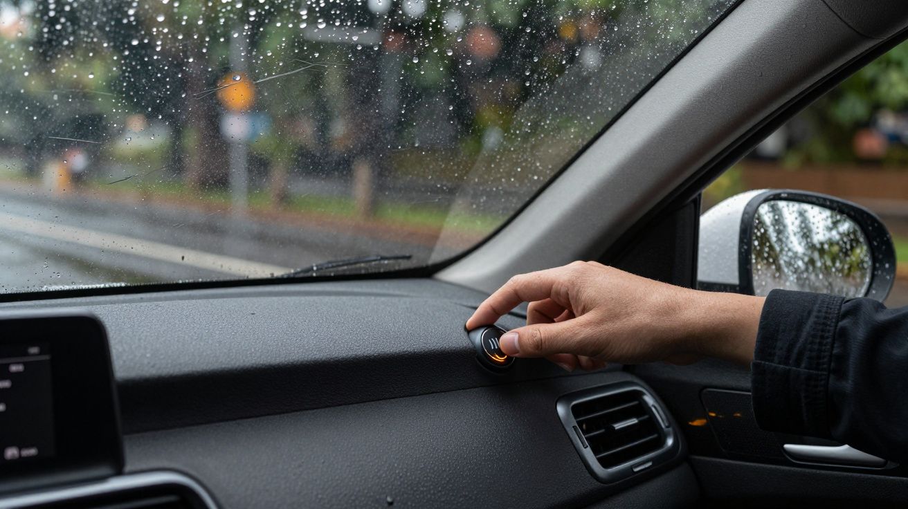 Mano ajusta el control del aire acondicionado en el salpicadero de un coche mientras llueve afuera.