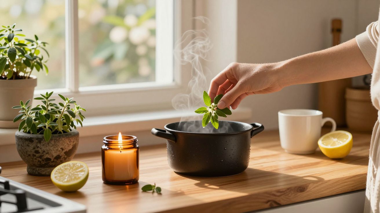 Mano añadiendo hierbas a una olla humeante sobre encimera de madera junto a una vela encendida y plantas.