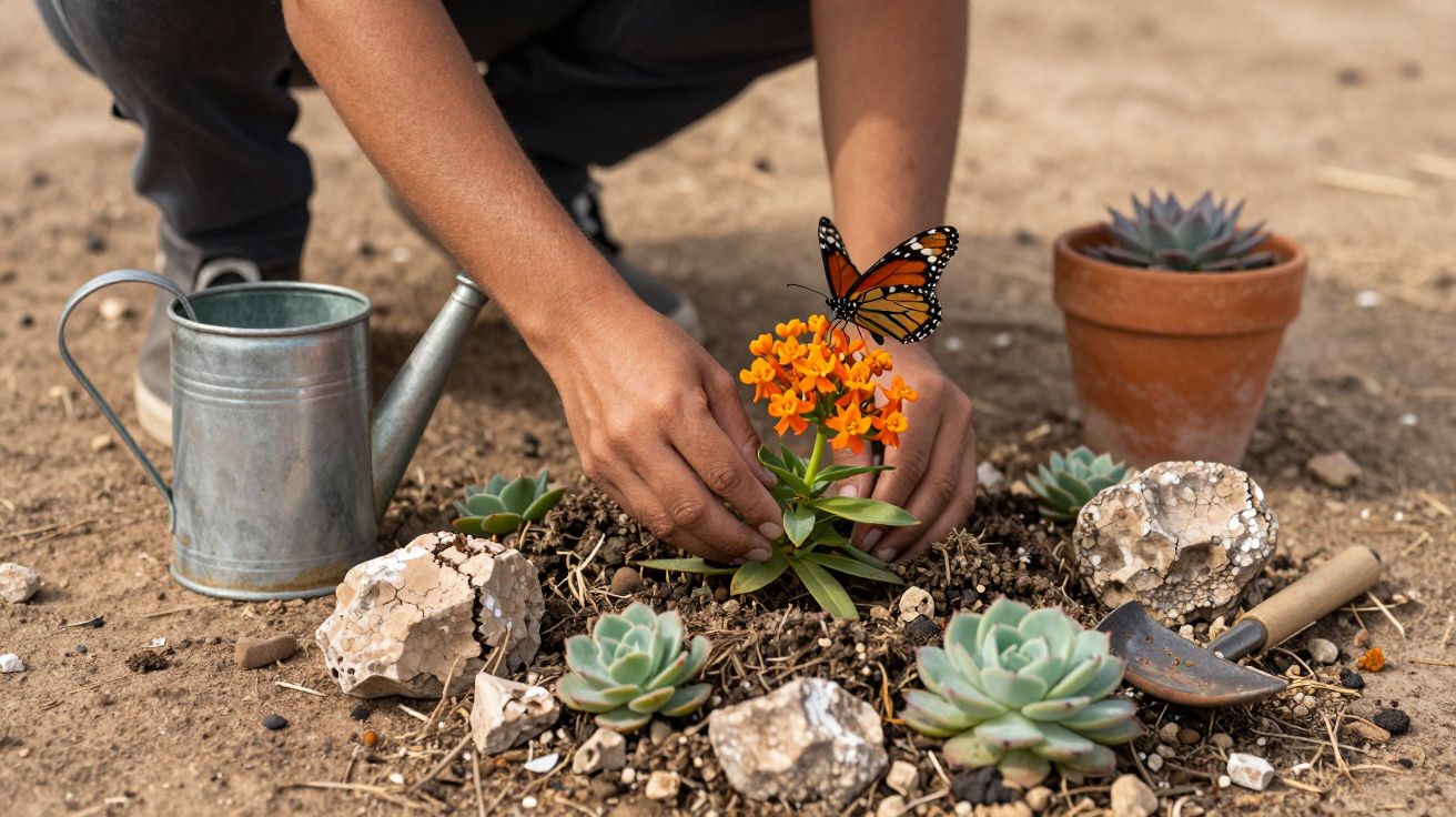 Manos plantan flores naranjas en jardín con regadera, piedras, suculentas y mariposa monarca.