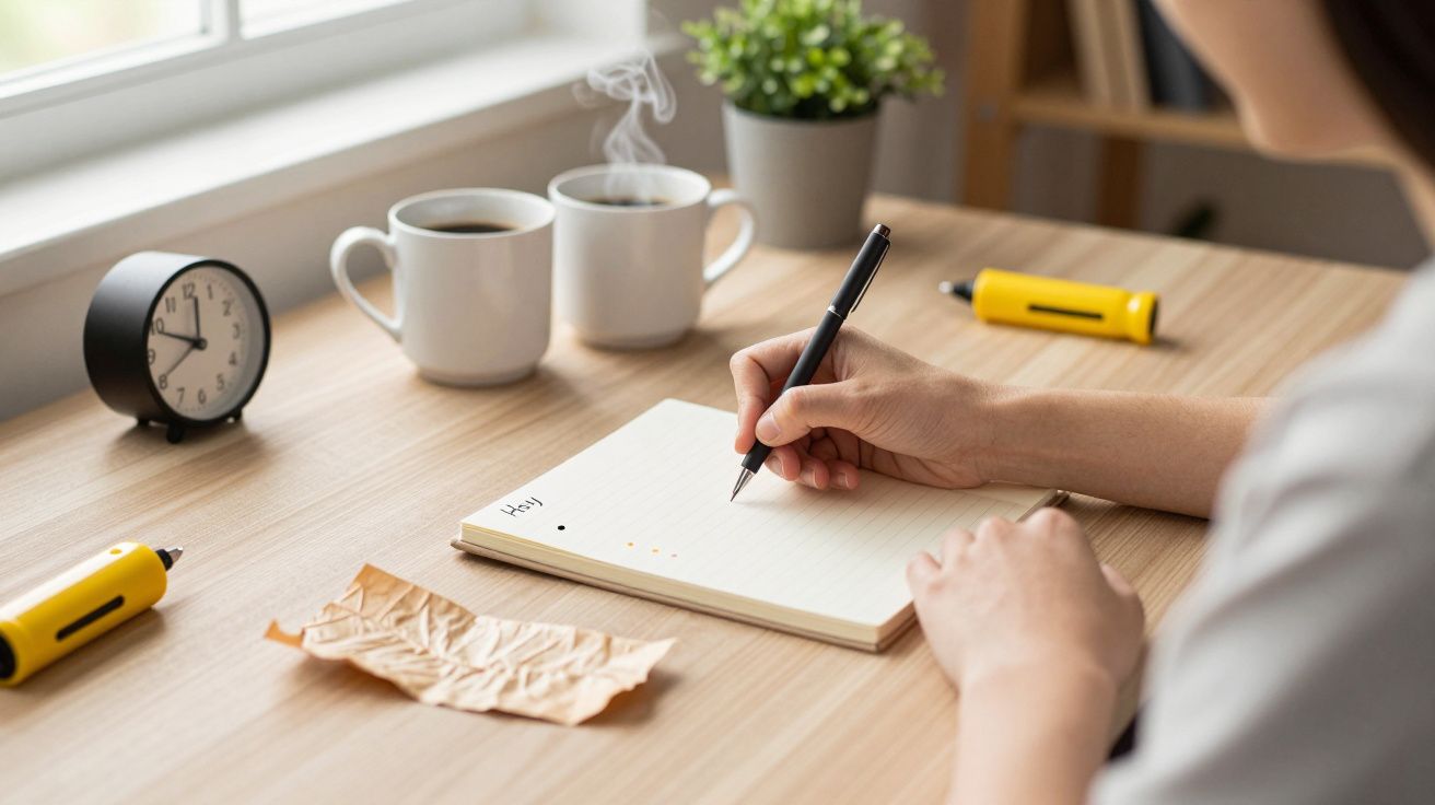Persona escribiendo en un cuaderno en un escritorio con dos tazas, una planta y un reloj.
