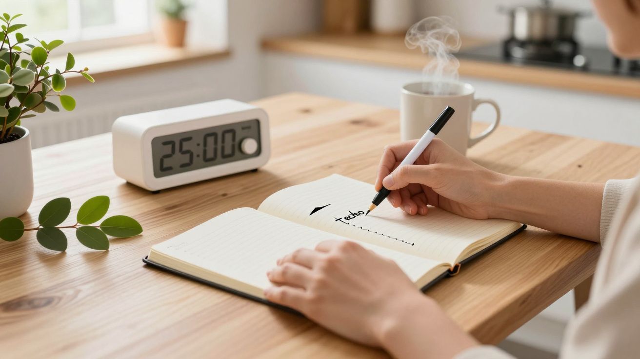 Persona escribiendo en una libreta en un escritorio de madera, junto a un reloj de 25 minutos y una taza humeante.