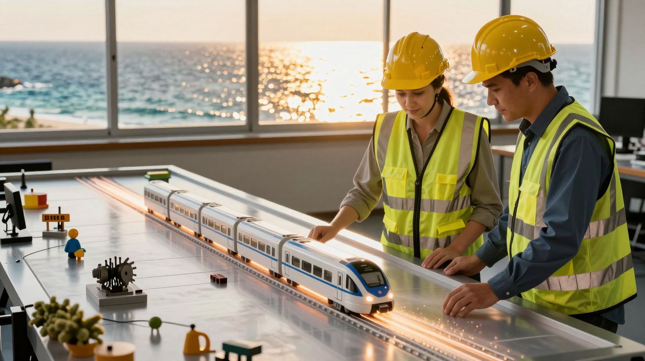 Dos ingenieros observan un modelo de tren sobre una mesa en una oficina con vista al mar.