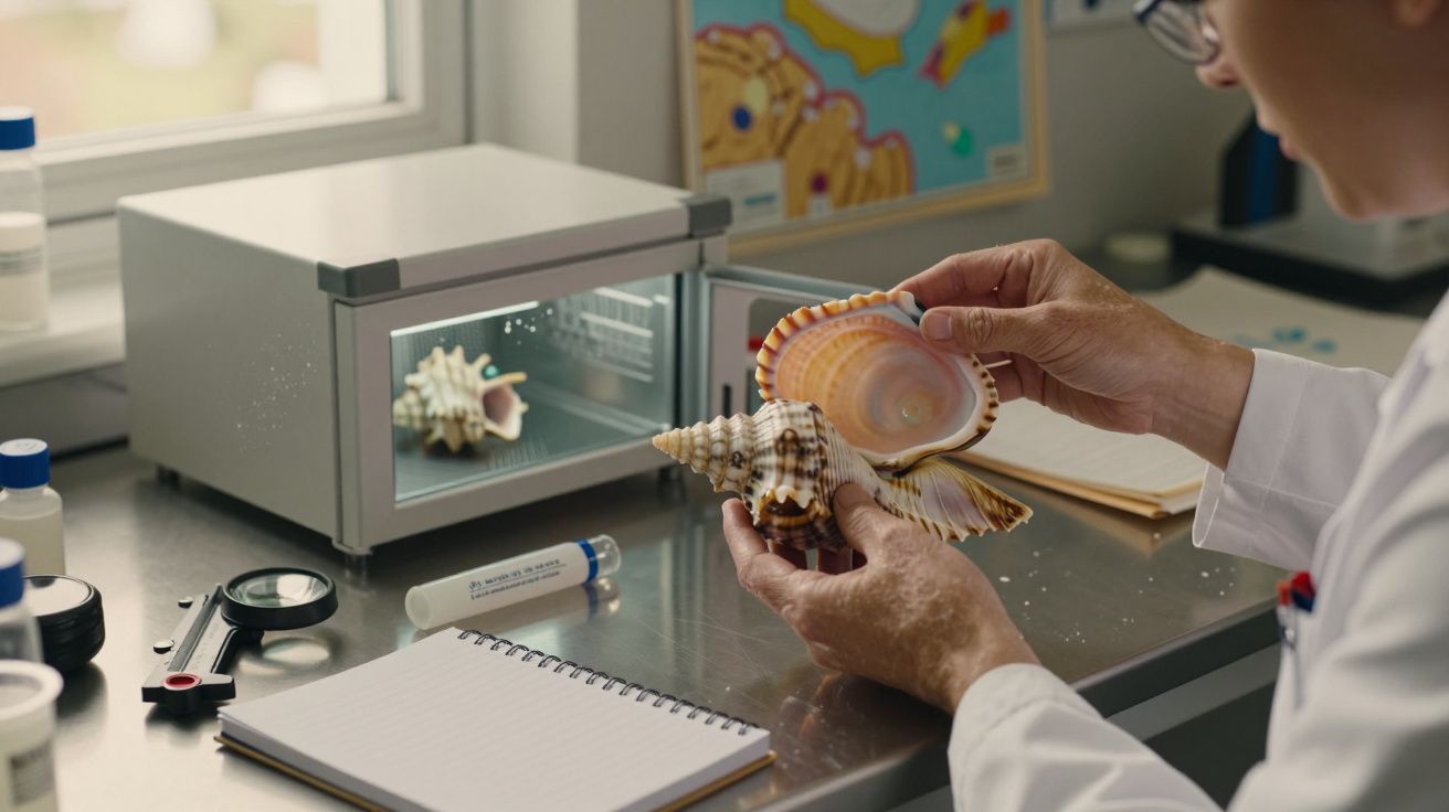 Persona examinando conchas en un laboratorio, rodeada de cuadernos y equipo científico sobre una mesa.