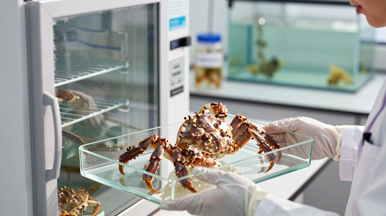 Persona con guantes sosteniendo un cangrejo en una bandeja de vidrio frente a un refrigerador en un laboratorio.