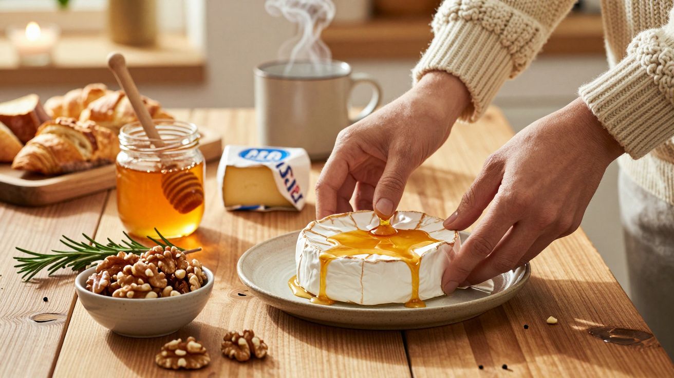 Manos colocando queso brie con miel en un plato, rodeado de nueces, romero y croissants sobre una mesa de madera.