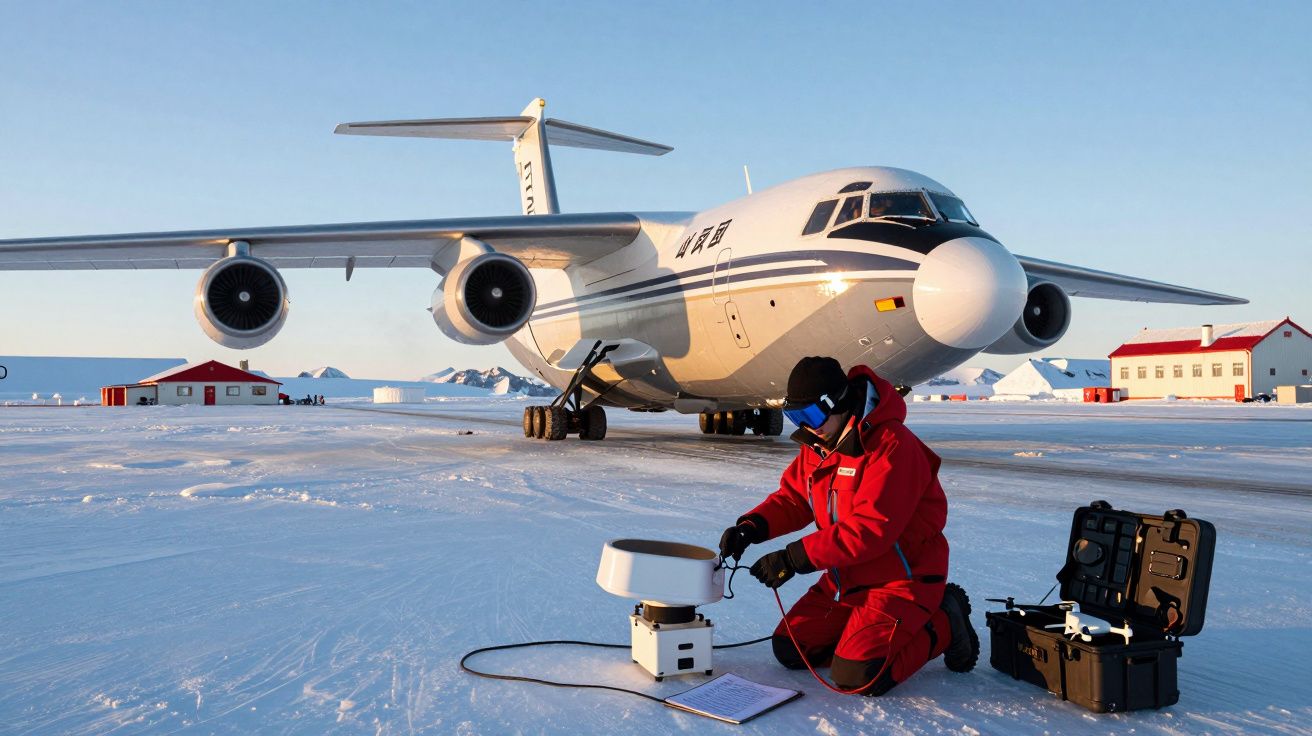 Persona con traje rojo manipulando equipo científico en la nieve frente a un avión grande.
