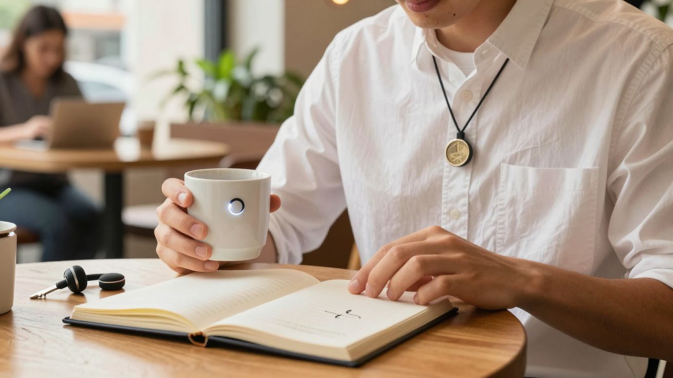 Persona en cafetería lee un libro mientras sostiene una taza blanca.