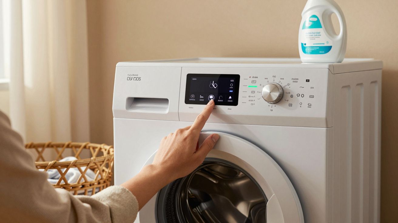 Persona ajustando una lavadora moderna con pantalla digital, con botella de detergente encima, cerca de una cesta de ropa.