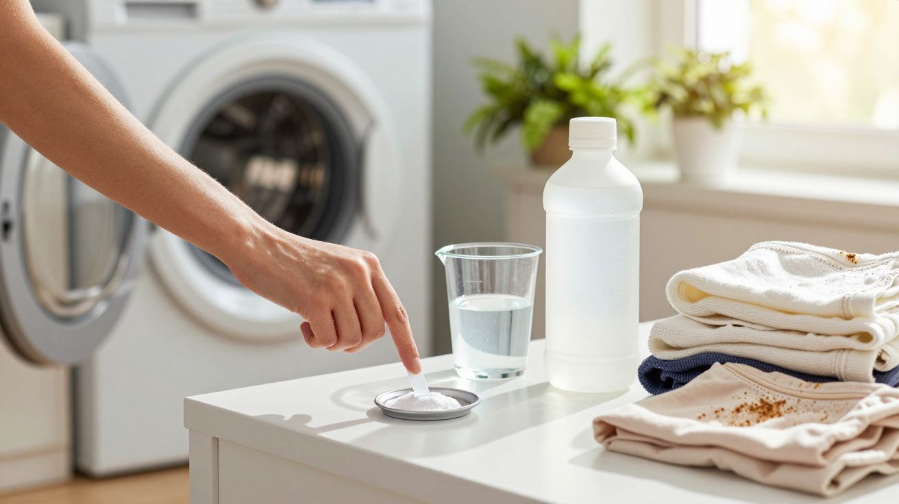 Mano tocando detergente en polvo junto a ropa sucia, vaso con agua y botella, con lavadora de fondo.