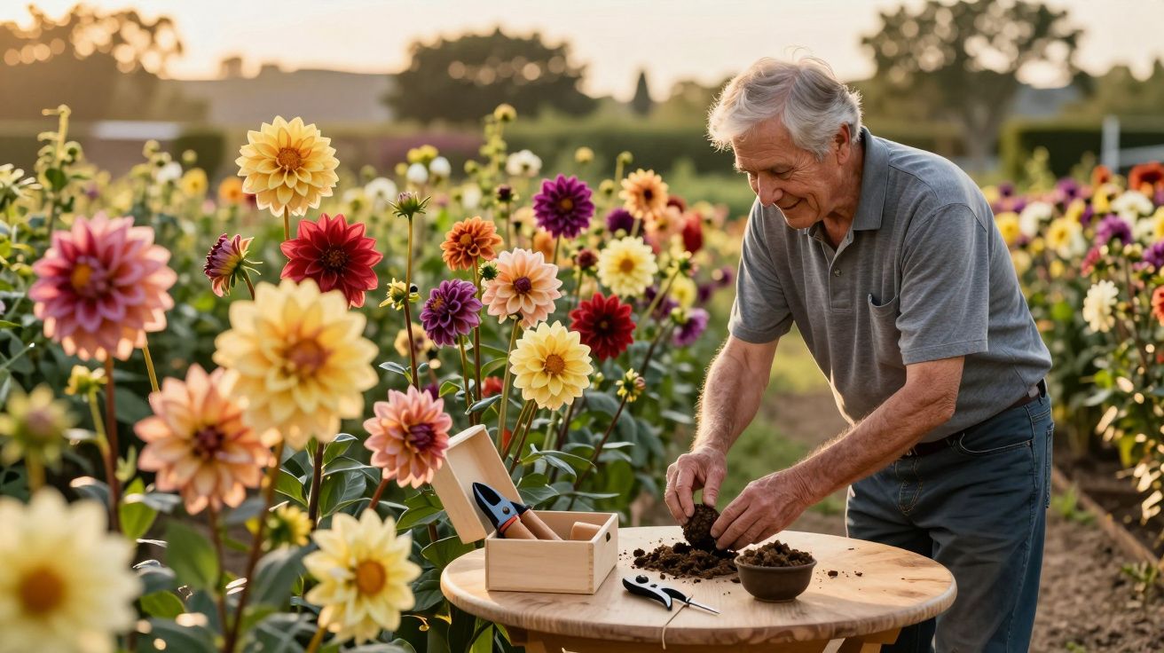 Hombre mayor jardinero plantando flores en un campo de dalias al atardecer.