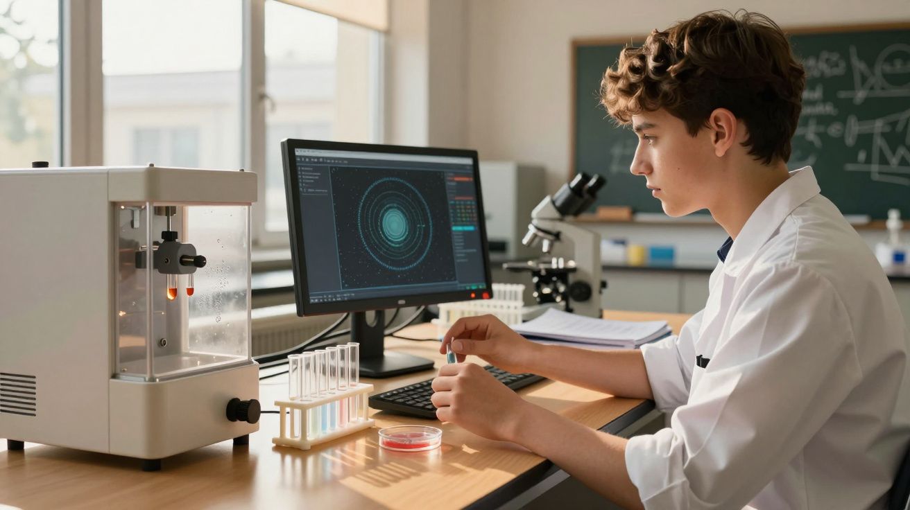 Joven en laboratorio analizando datos en computadora, rodeado de equipo científico y tubos de ensayo.