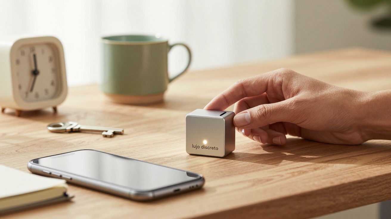 Mano tocando un cubo metálico en una mesa de madera junto a un móvil, una taza verde y un reloj.