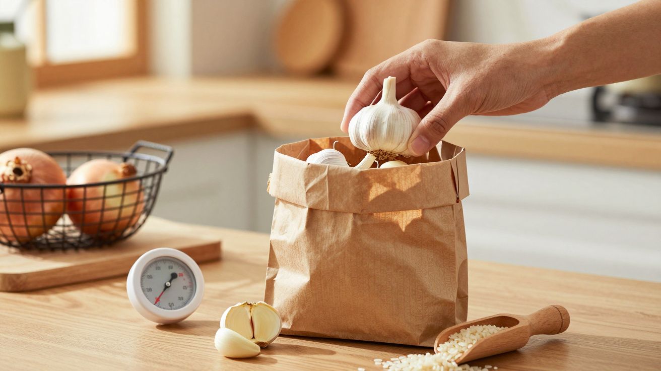 Una mano coloca un ajo en una bolsa de papel en una cocina; cebollas y un reloj visibles sobre la mesa.