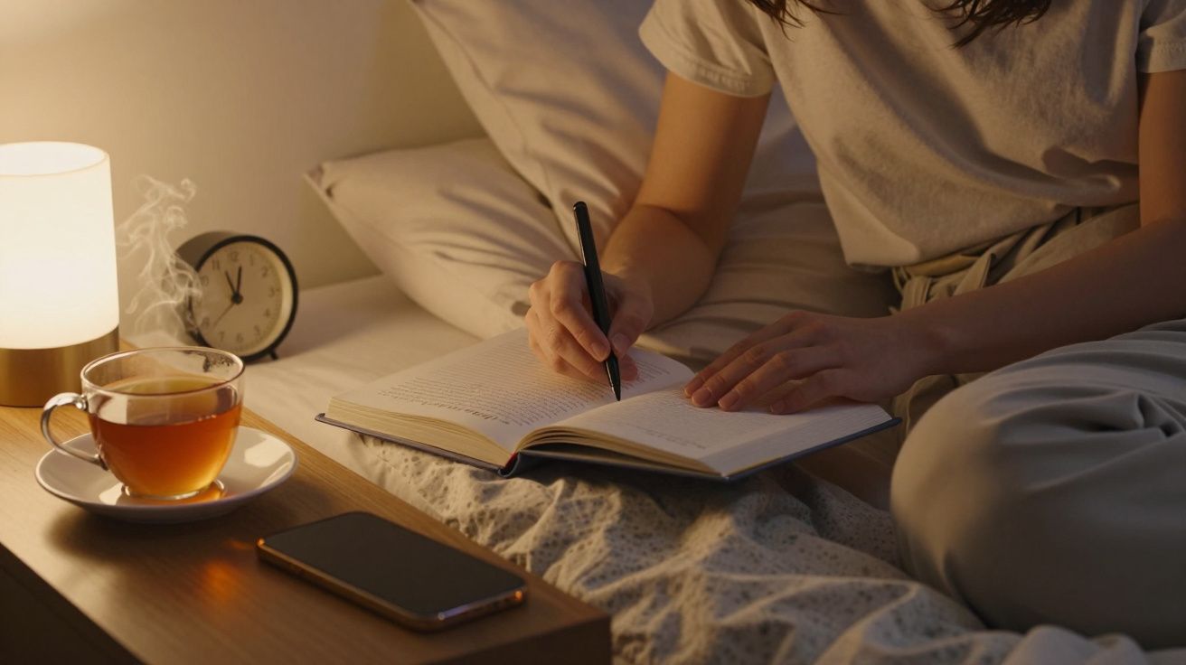 Persona escribiendo en un libro, con una taza de té, móvil y reloj en la mesilla bajo luz cálida.