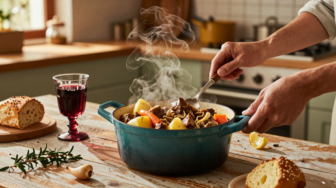 Persona removiendo un guiso humeante en una cazuela azul en la cocina, al lado pan y una copa de vino tinto.