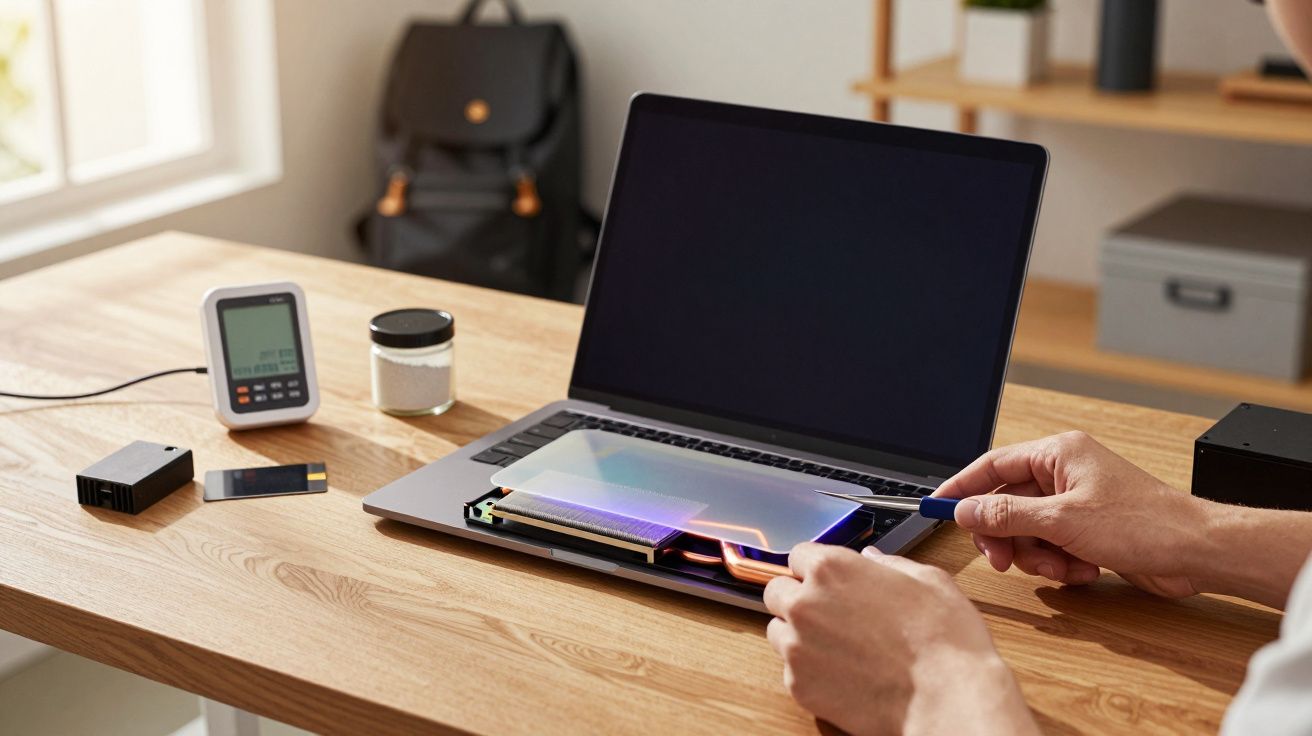 Persona instalando hardware en un portátil sobre una mesa de madera con dispositivos electrónicos alrededor.