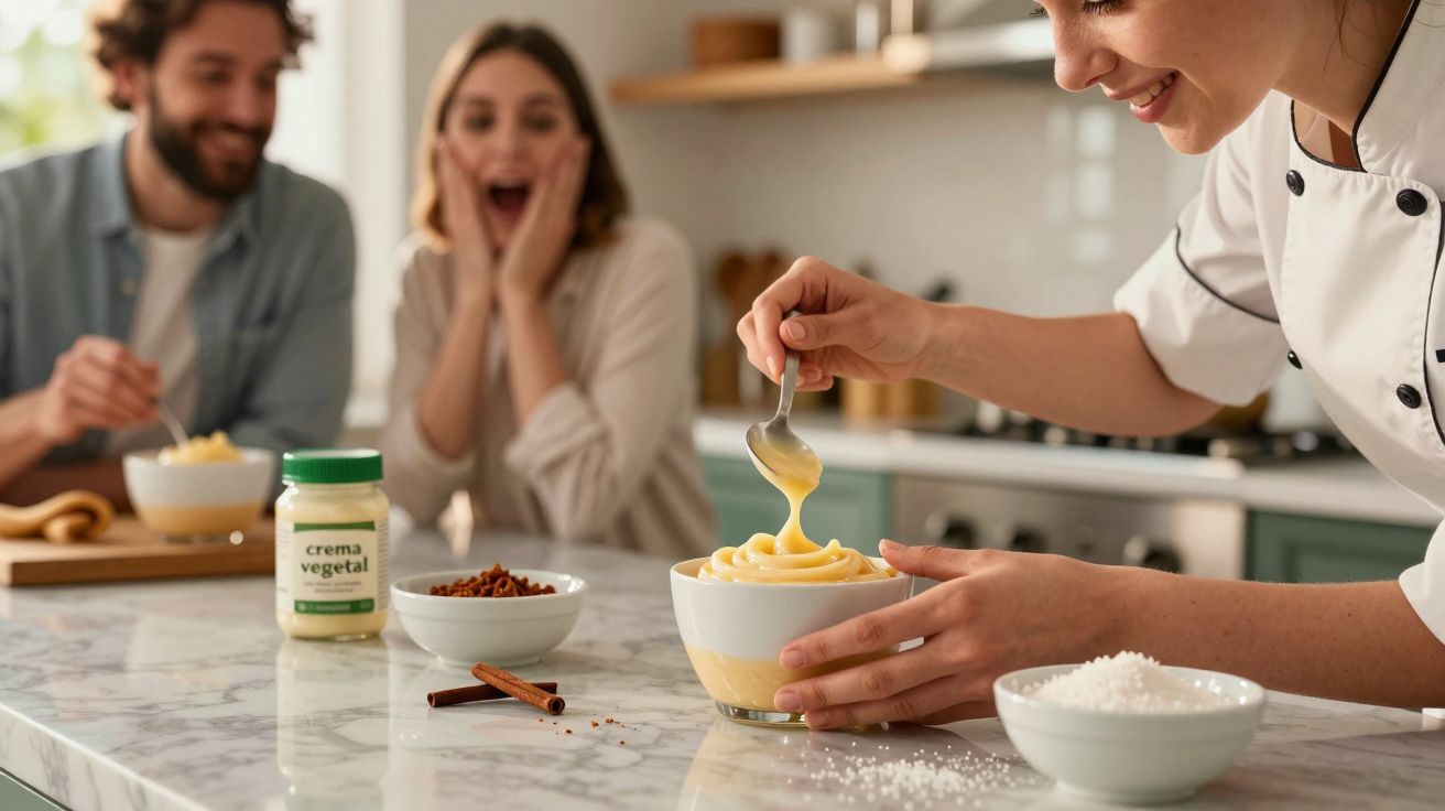 Chef decorando un postre con crema frente a dos personas sorprendidas en la cocina.