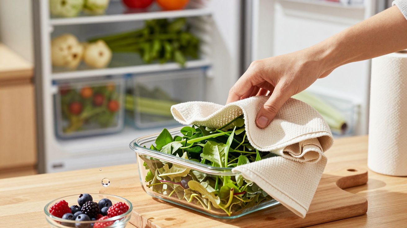 Mano secando hojas verdes en un recipiente, con bayas y una nevera abierta al fondo.