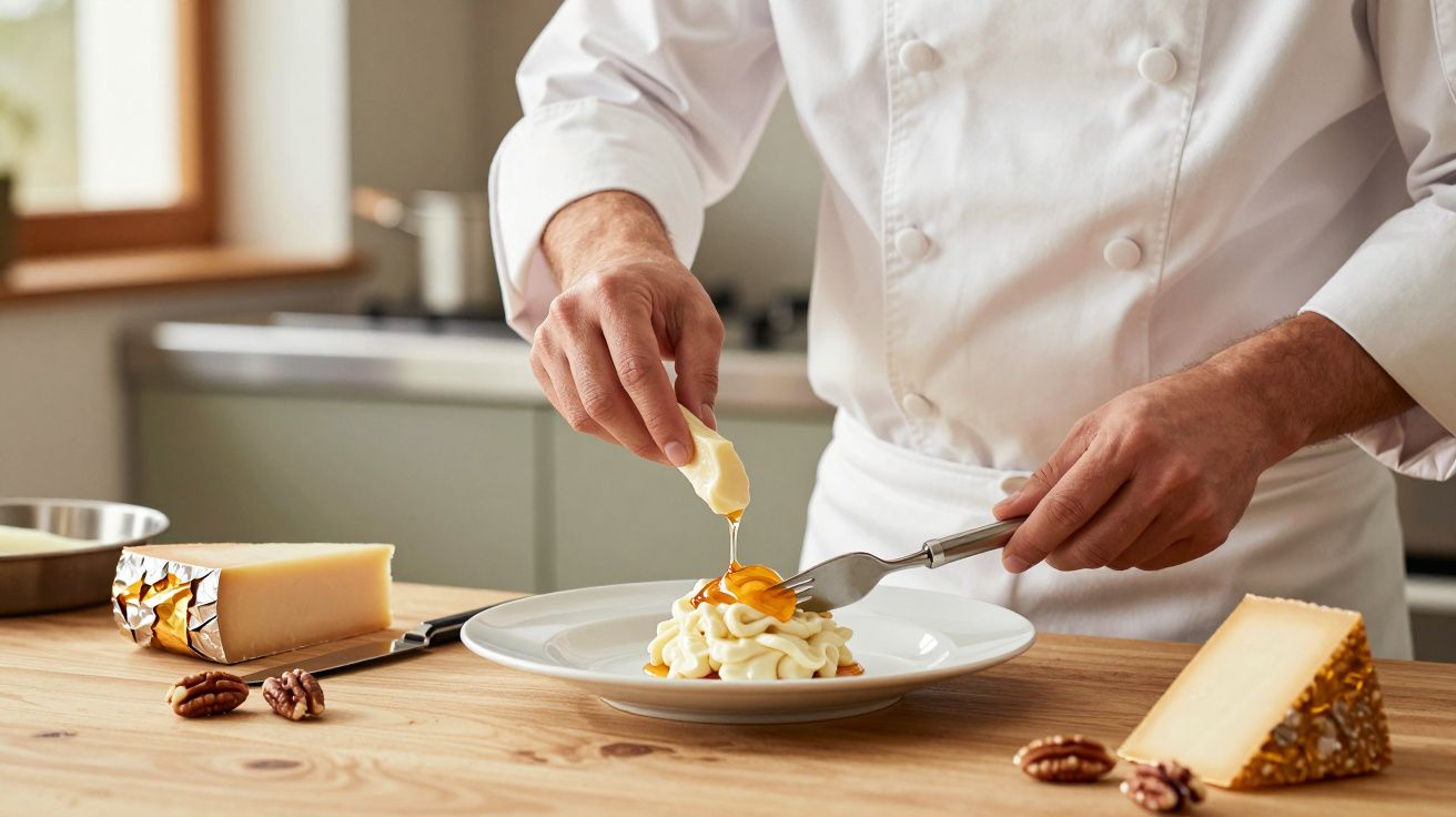 Chef vertiendo salsa sobre pasta en un plato, rodeado de queso y nueces en una cocina.