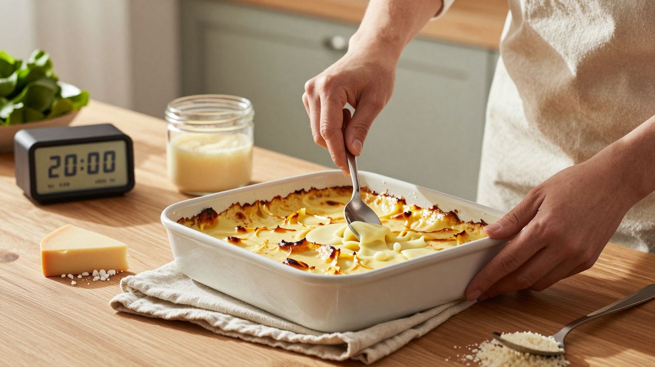 Persona sirviendo gratén de patatas recién horneado en la cocina con utensilios y un reloj marcando las 20:00.
