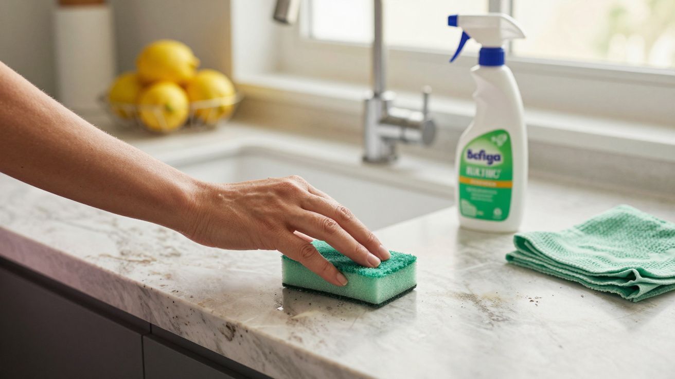 Mano limpiando encimera con esponja verde, junto a frasco de spray y toalla verde en cocina iluminada.
