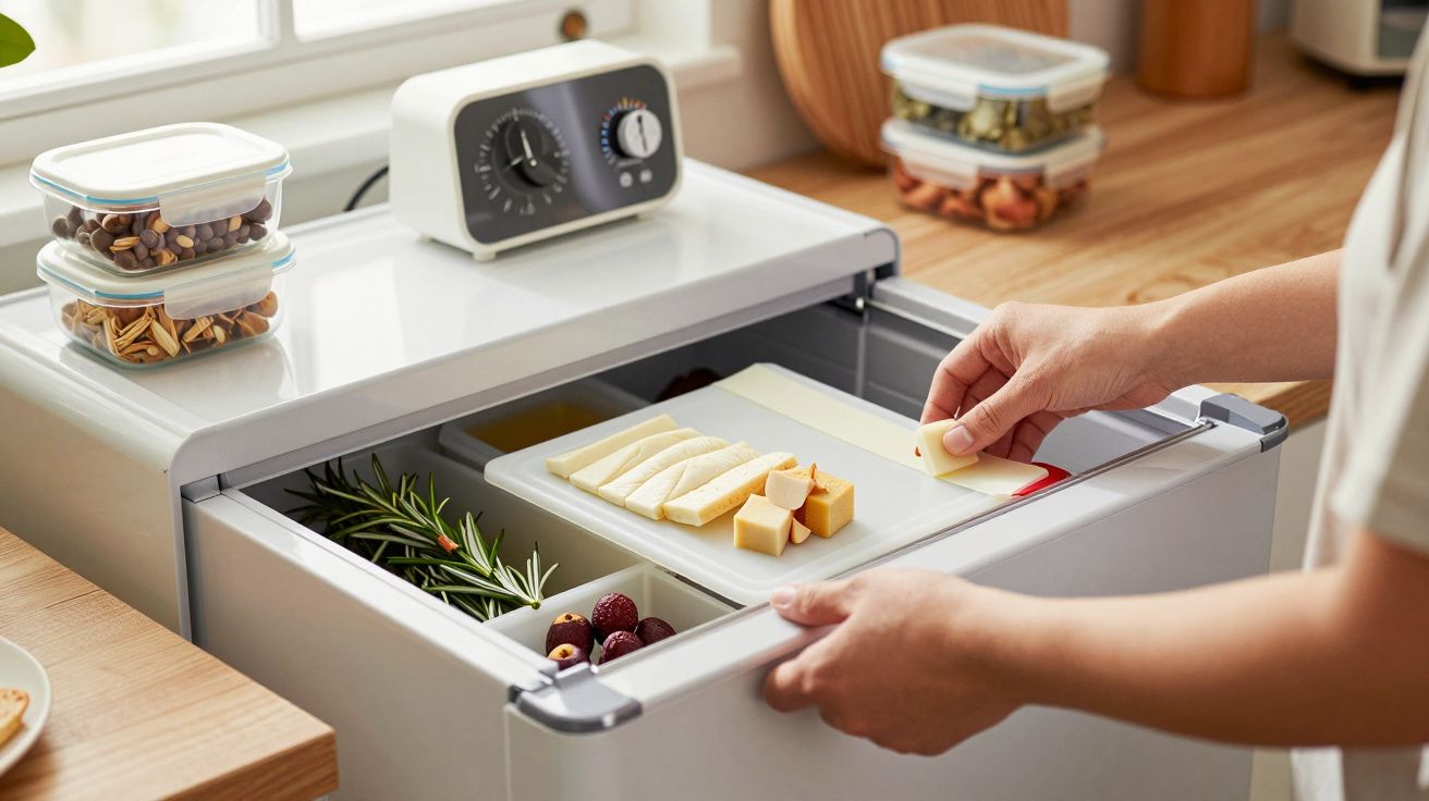 Manos colocando un plato con queso en un cajón refrigerante, rodeado de cajas de comida en una encimera de cocina.