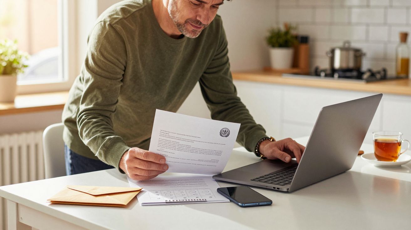 Hombre revisa documentos en una cocina, frente a un portátil. Sobre la mesa hay un sobre, un móvil y una taza de té.