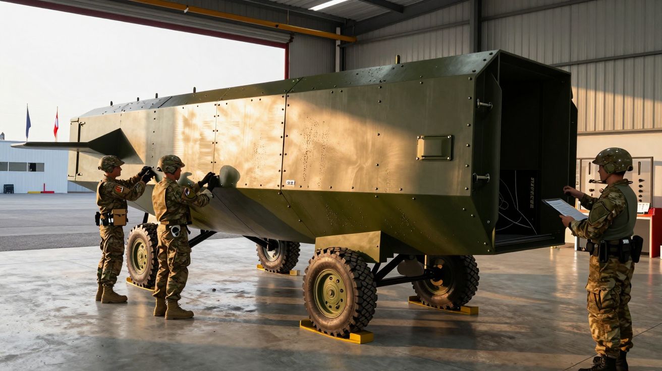Soldados inspeccionan un vehículo militar blindado verde en un hangar amplio iluminado por el sol.
