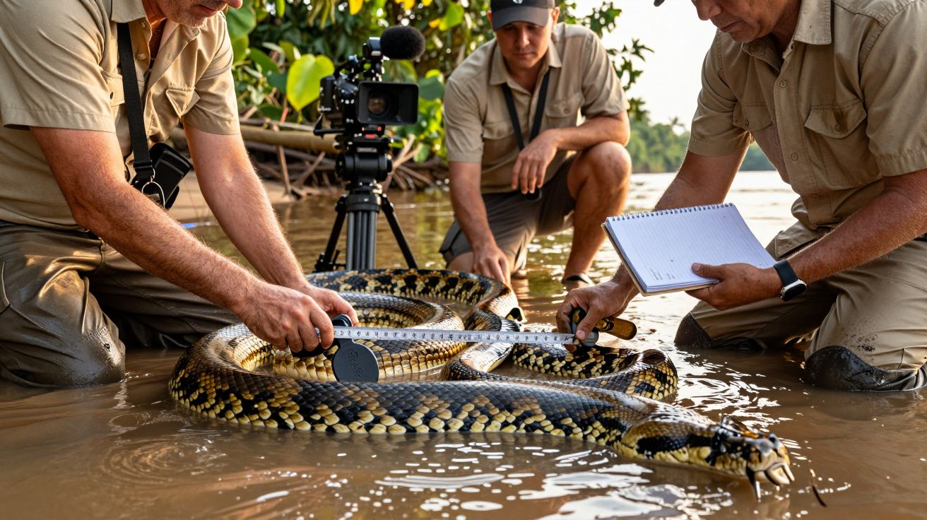 Investigadores miden una gran serpiente en un río mientras graban y toman notas.