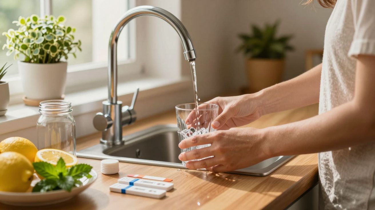 Persona llenando un vaso de agua del grifo en una cocina, con limones y plantas de fondo.