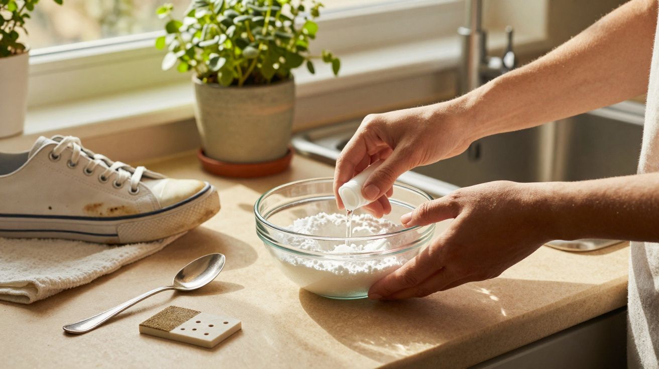 Manos vertiendo líquido en un bol con polvo blanco en la cocina, zapatilla sucia a un lado.