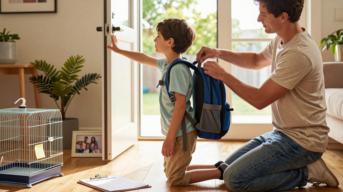 Padre ayuda a su hijo a ajustar la mochila mientras se prepara para salir de casa.