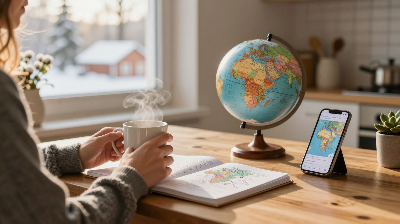 Persona con taza junto a libro, globo terráqueo y móvil en un escritorio frente a la ventana.
