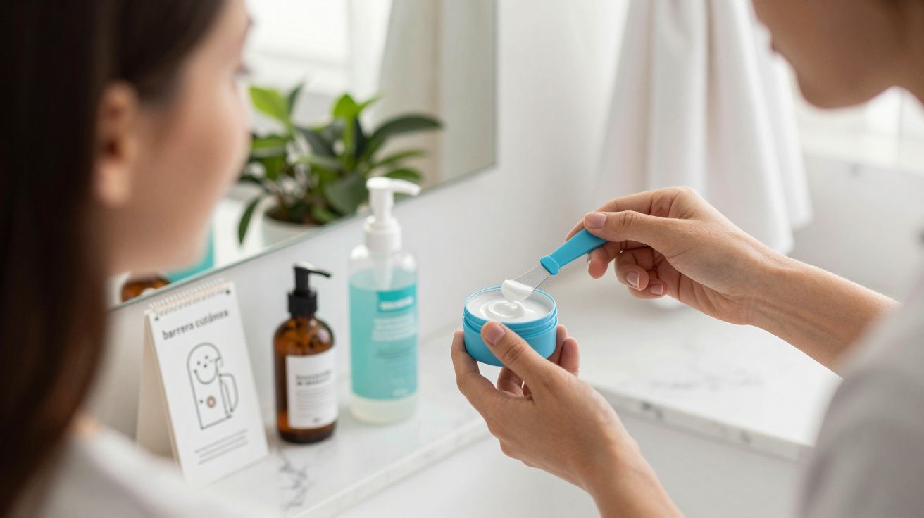 Mujer aplicando crema facial con espátula azul junto a productos de cuidado personal en un baño iluminado.