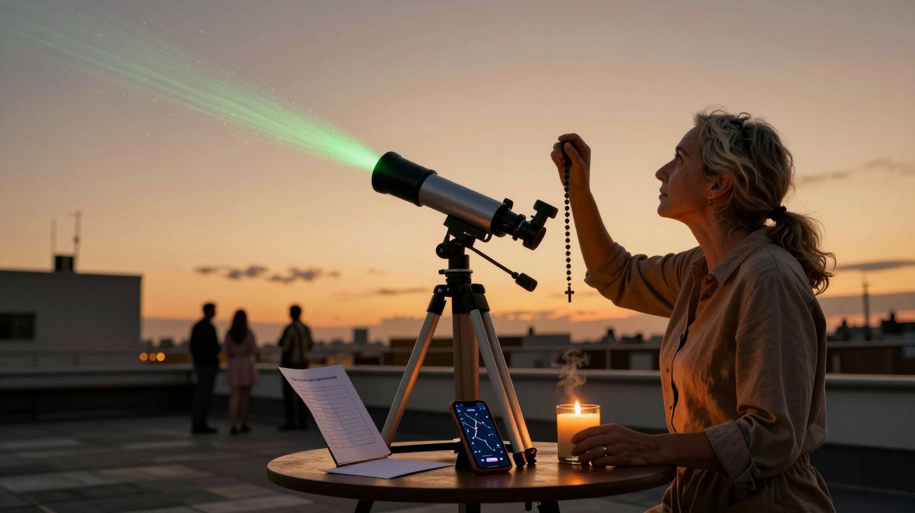Mujer con telescopio y vela en tejado al atardecer, personas al fondo, cielo despejado.