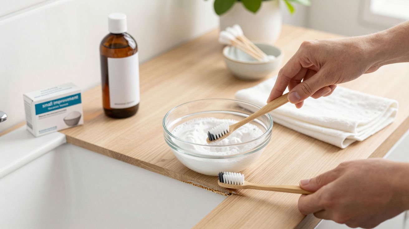 Manos preparando cepillos de dientes de bambú en pasta de dientes natural en un baño minimalista.
