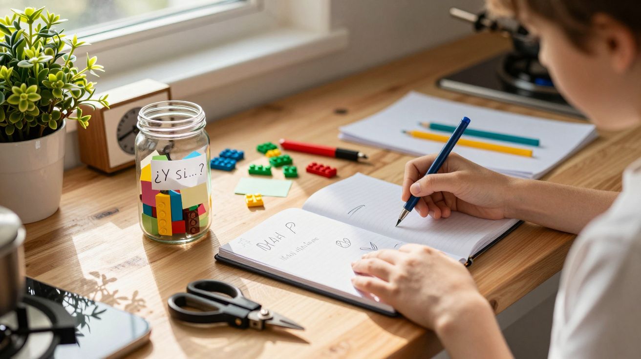 Niño escribiendo en un cuaderno en un escritorio con tarro de bloques, plantas y lápices de colores.